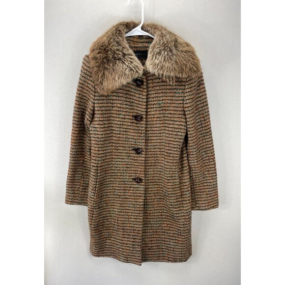 BCBG MAXAZRIA Women's Tweed Pea Coat Size 12 Amercian Beaver Fur Trim Wool